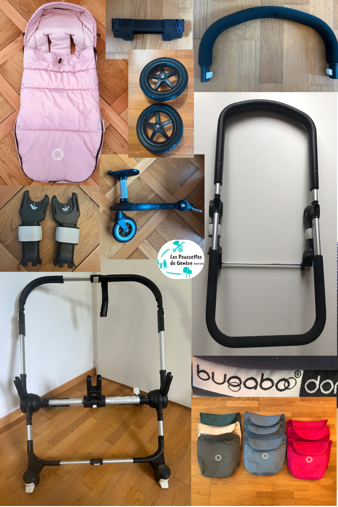 Accessoires et pieces detachees Bugaboo protection pluie habillage pluie roues adaptateurs chancelière nacelle capote canopy tablier porte gobelet planche à roulette cadre châssis